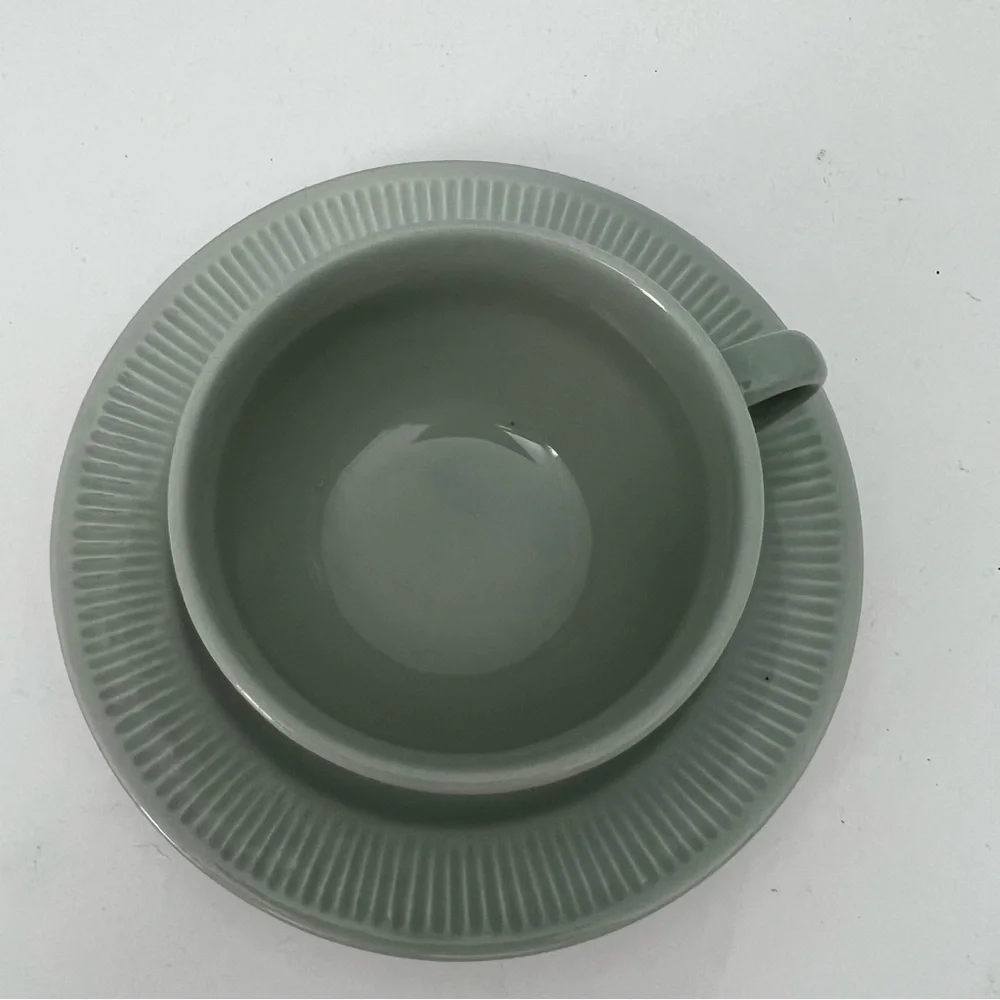 Pottery Barn Ribbed Cup and Saucer Set of 2 Sage Green Cottage Core